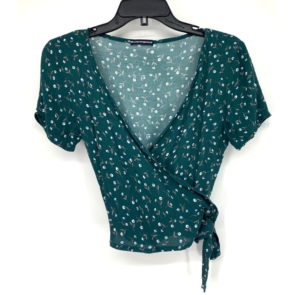 Brandy Melville Wrap Top Womens Rae Floral Print Short Sleeve V Neck Crop - Picture 3 of 10